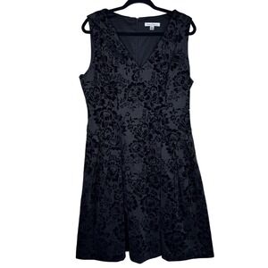 Simply Liliana Dress Womens 14 Gray Black Floral Flocked V Neck Fit & Flare